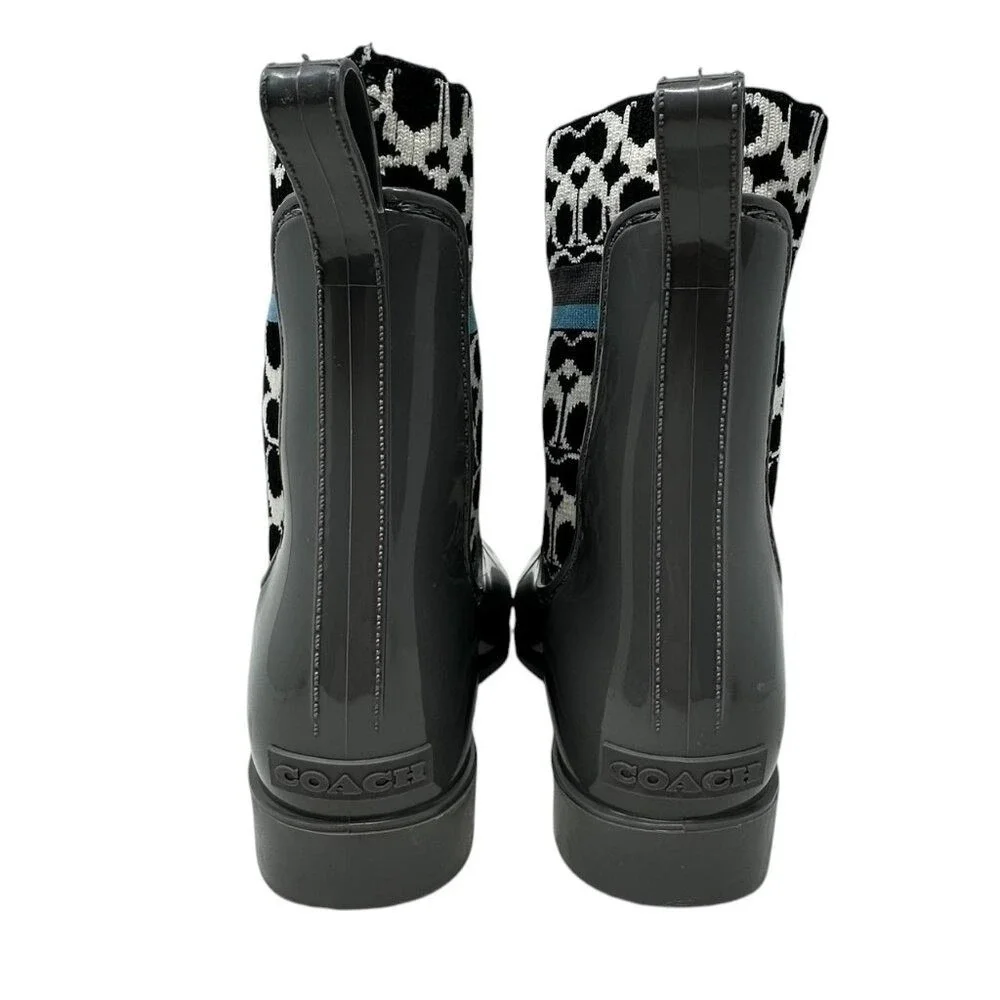 Coach Rivington‎ Rainboots - Gray Rubber w/ Blk and white logo sock - Size 7